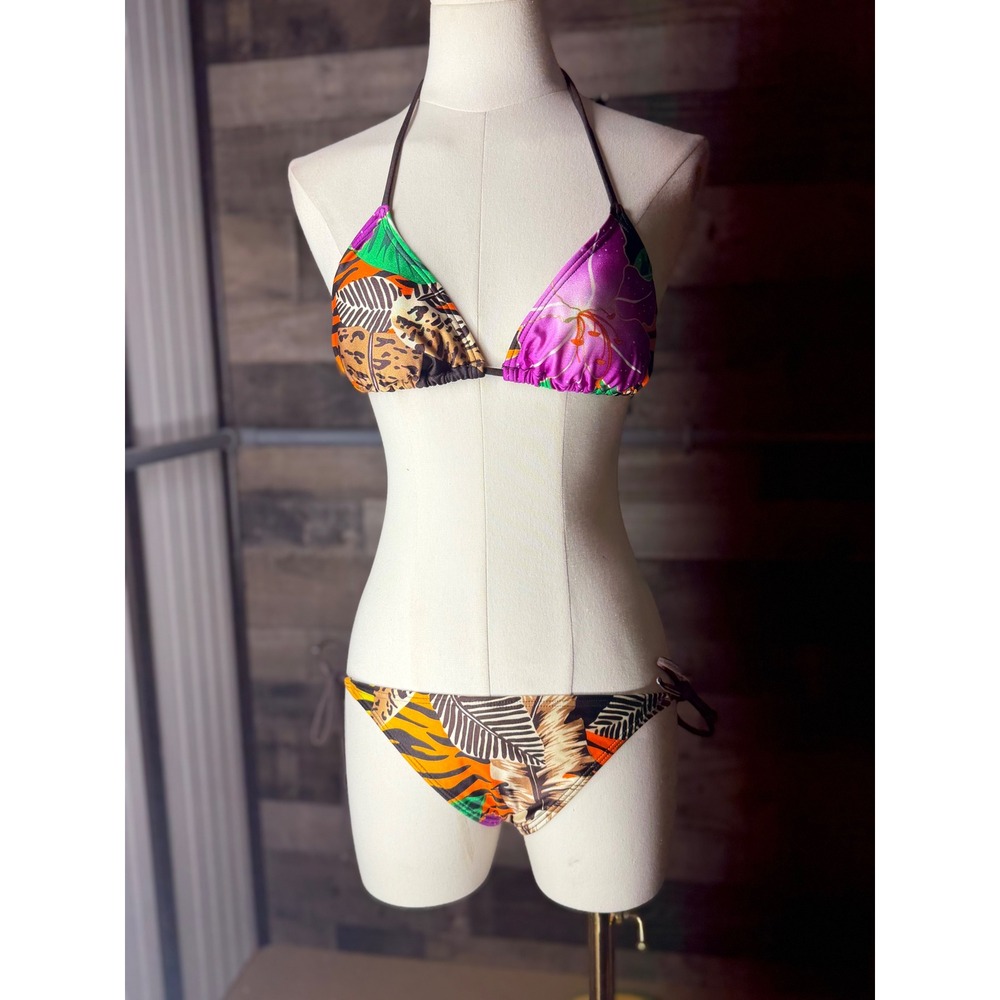 Billabong Womens Tropical Animal Print Triangle Bikini Set Purple Orange Large